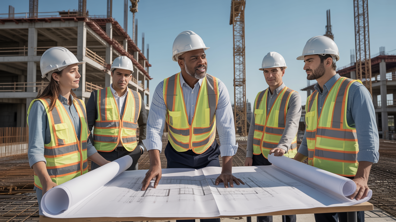 Multi-ethnic team of project managers and engineers reviewing construction blueprints on site
