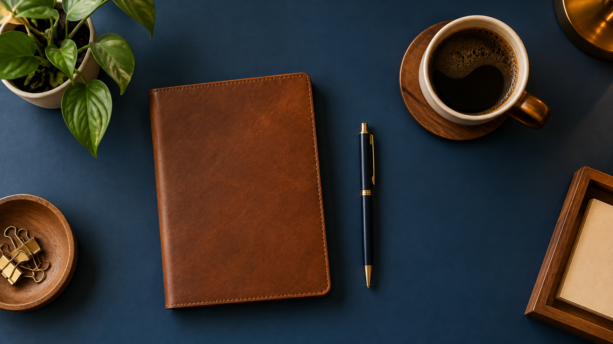 Vista de cima de mesa organizada com caderno, caneta, café e planta, ambiente minimalista