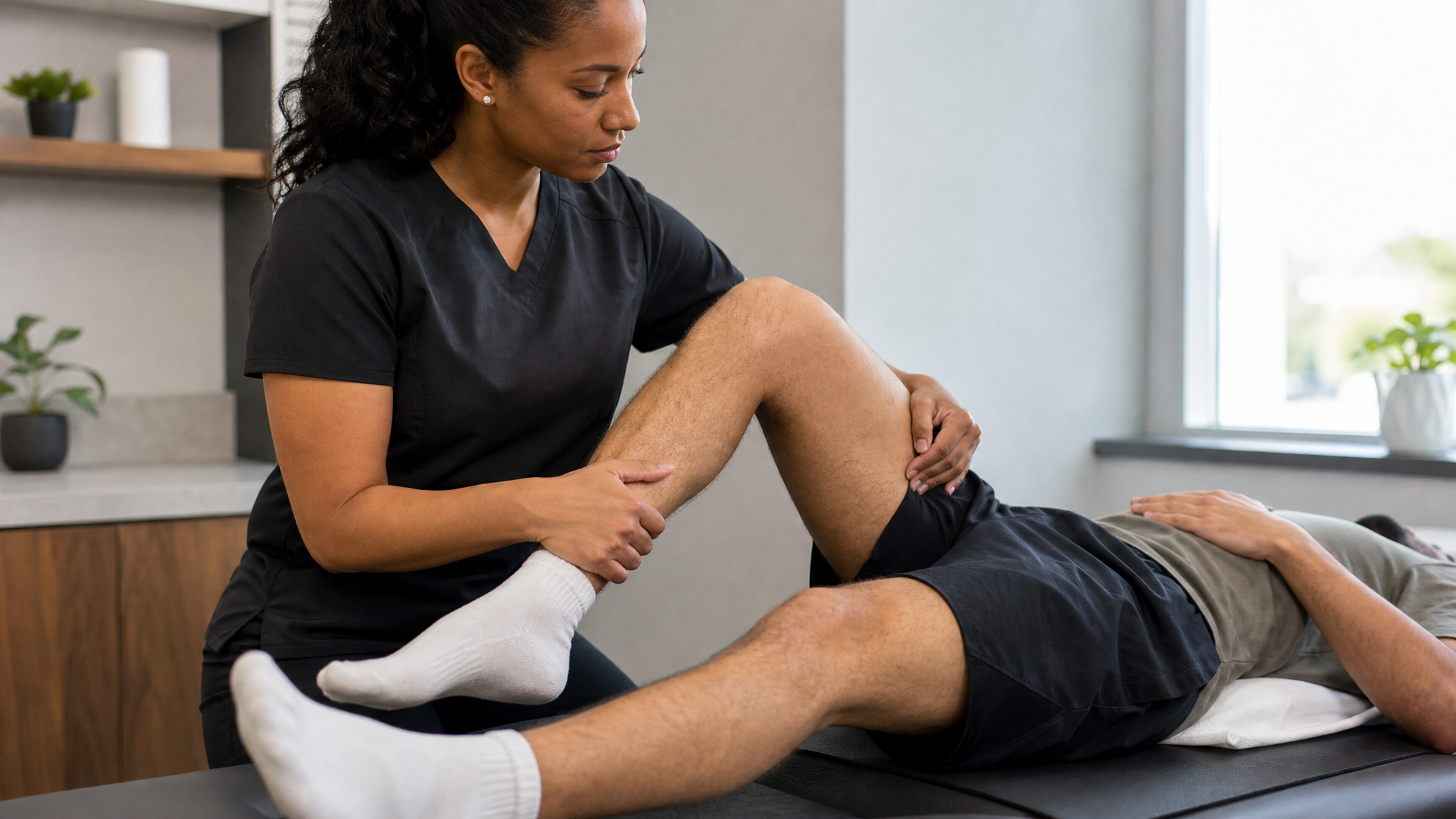 Clinician performing a McMurray test on a patient's bent knee in an examination room, rotating and extending the joint to check for meniscal catching