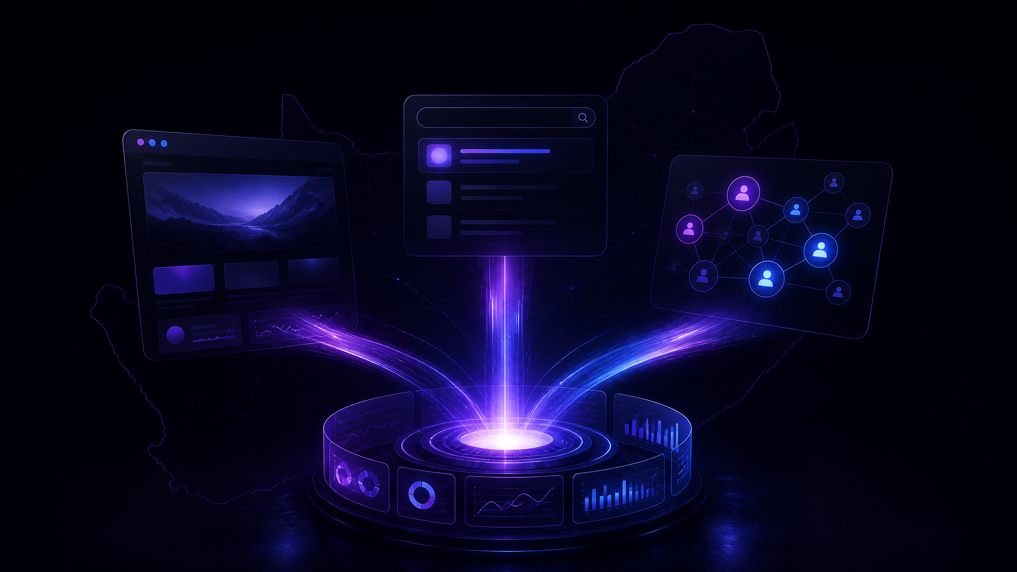 Abstract dashboard concept unifying website, search and social media modules into one glowing hub over a South African map outline