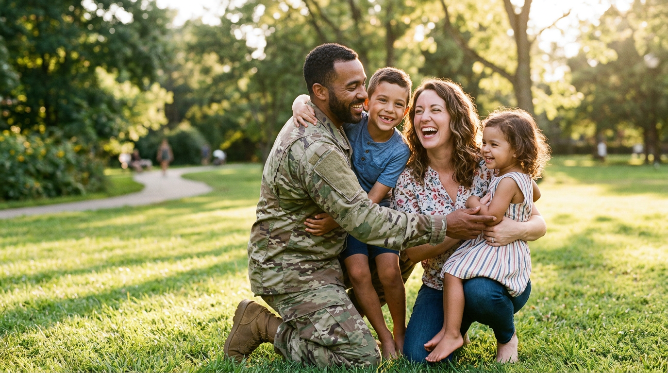 A veteran with a spouse and two children, symbolizing benefits that also cover the family