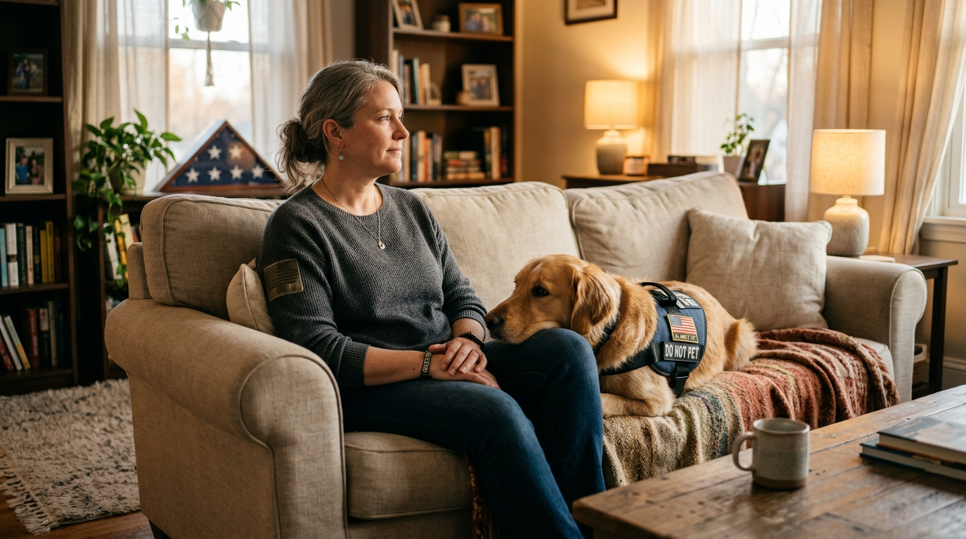 A veteran sitting with her service dog