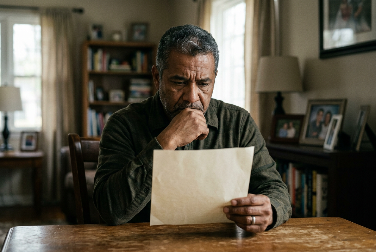A concerned military veteran reading a letter with a worried expression