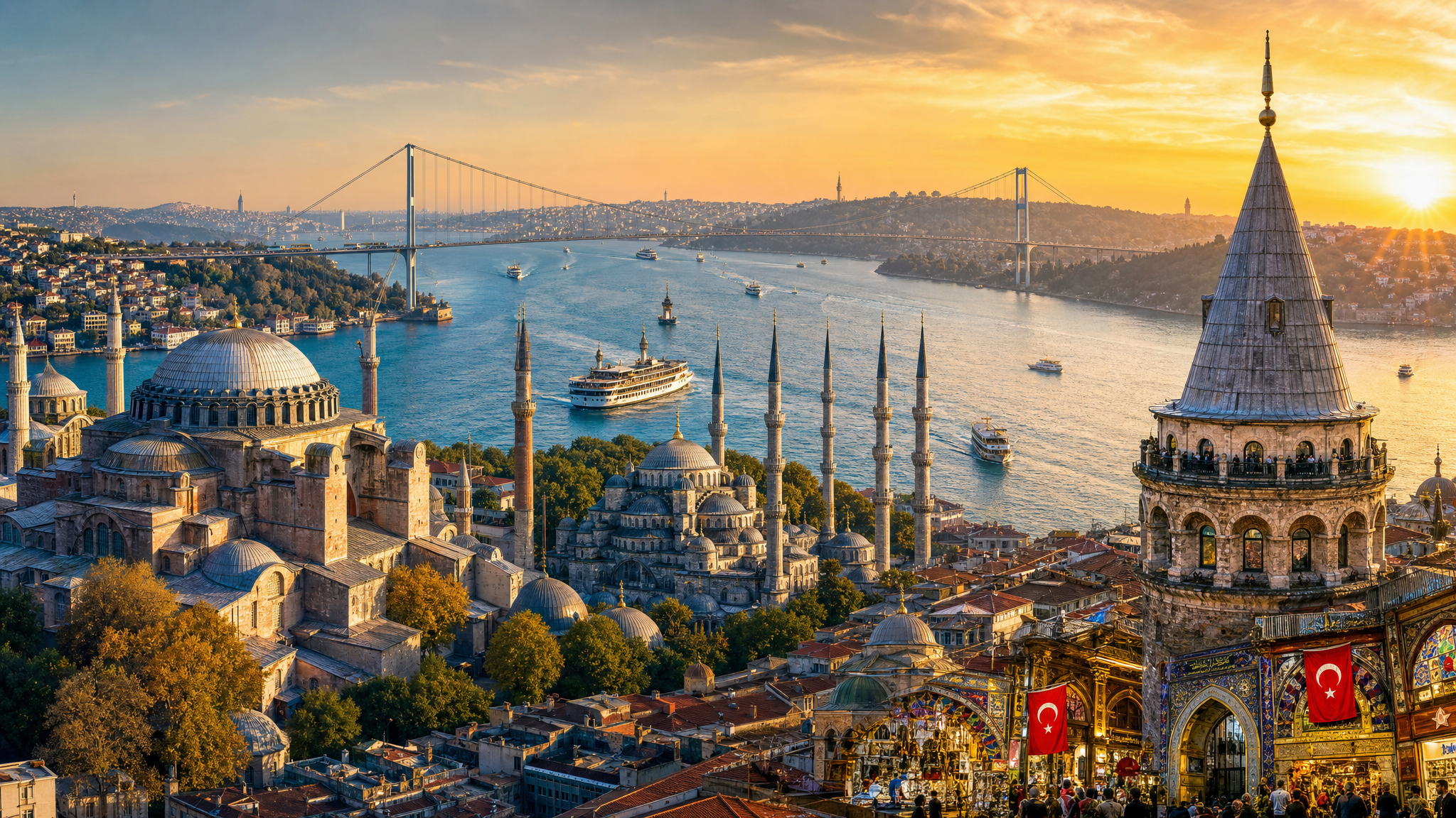 Istanbul skyline with mosques and the Bosphorus strait at sunset