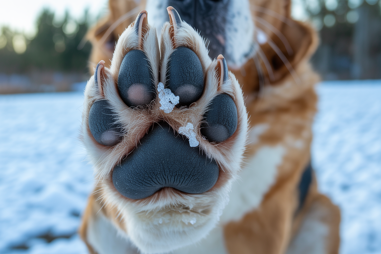 Close-up of dog paw with ice crystals and snow buildup between toes