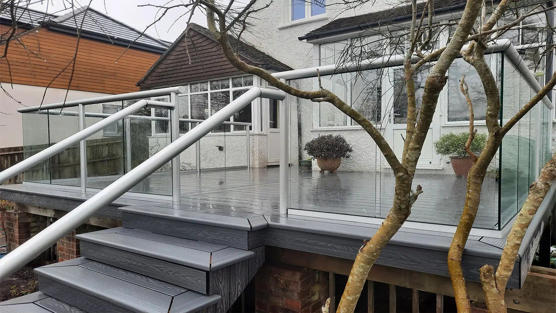 Composite decking with glass balustrade