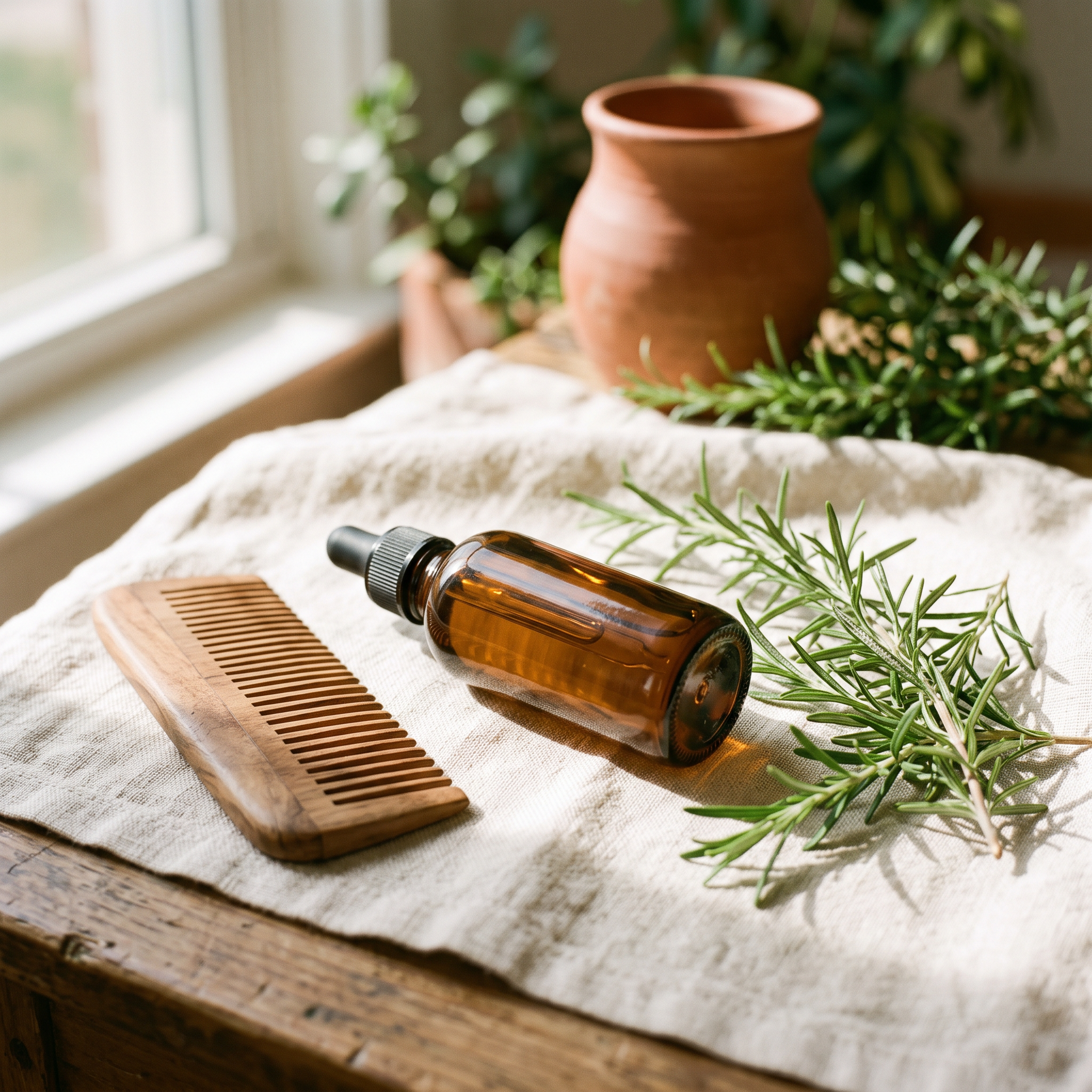 Slim amber applicator bottle of scalp oil beside a wooden comb and rosemary sprigs