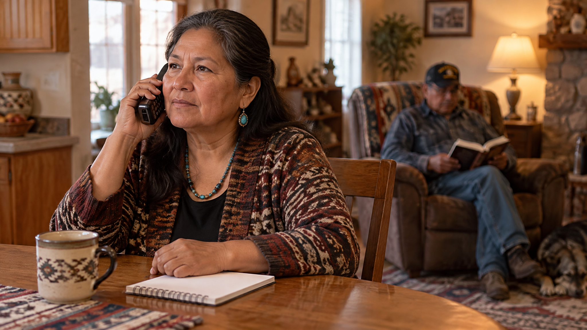 A caregiver on the phone at her kitchen table while her husband reads in the background