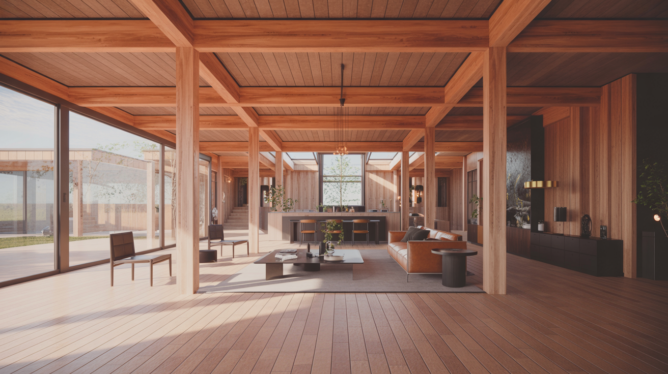 Modern timber home interior with exposed beams and natural light
