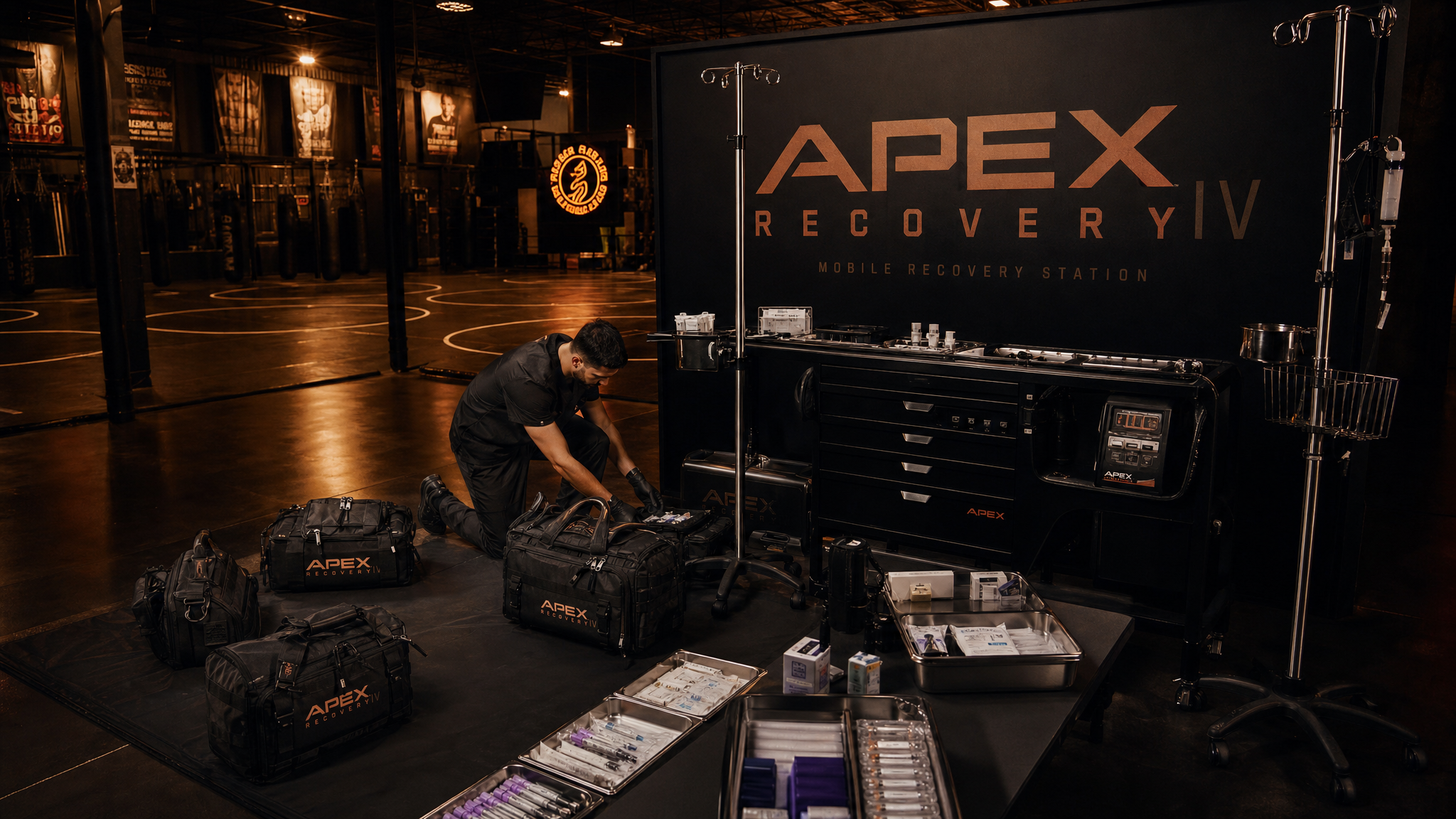 APEX mobile recovery station setup inside fight gym