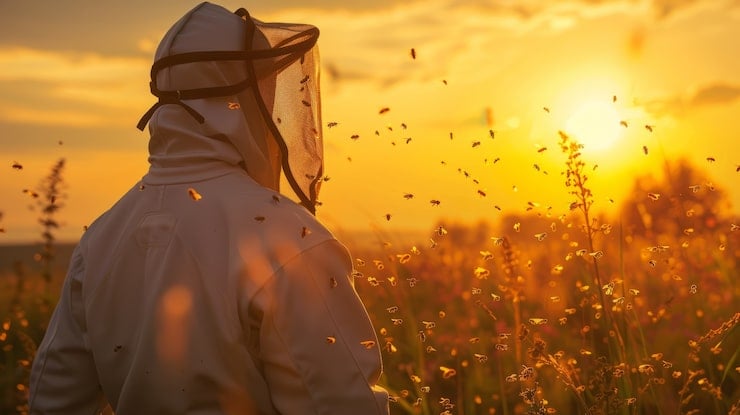 Apicultor trabalhando com colmeias em paisagem verde