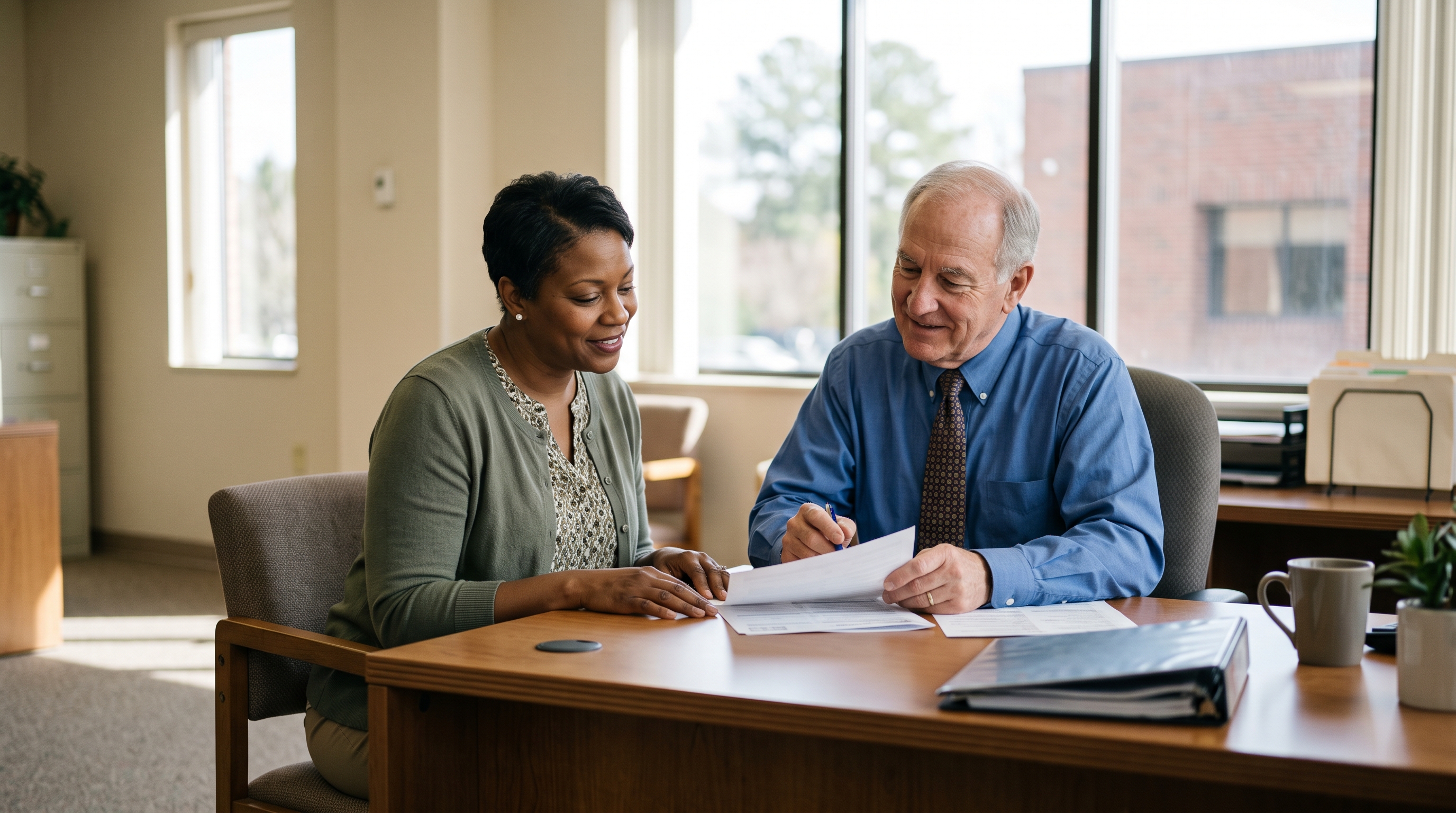 A veteran reviewing her disability rating paperwork with a VA benefits counselor