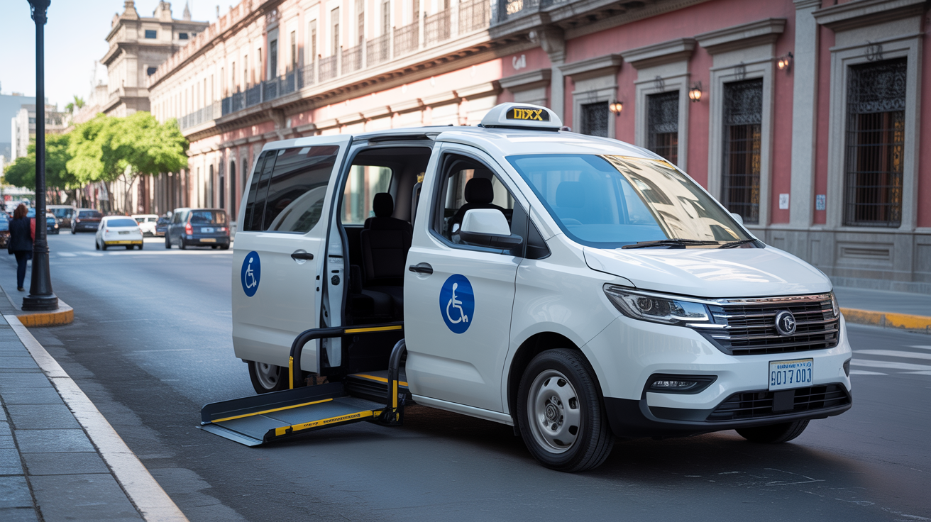 Taxi accesible CDMX con rampa eléctrica para personas con discapacidad y silla de ruedas - transporte adaptado