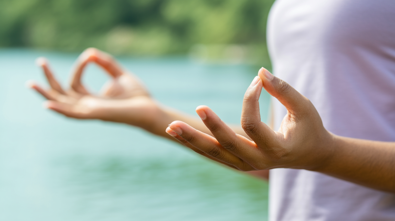 Manos en respiración consciente con fondo natural tranquilo