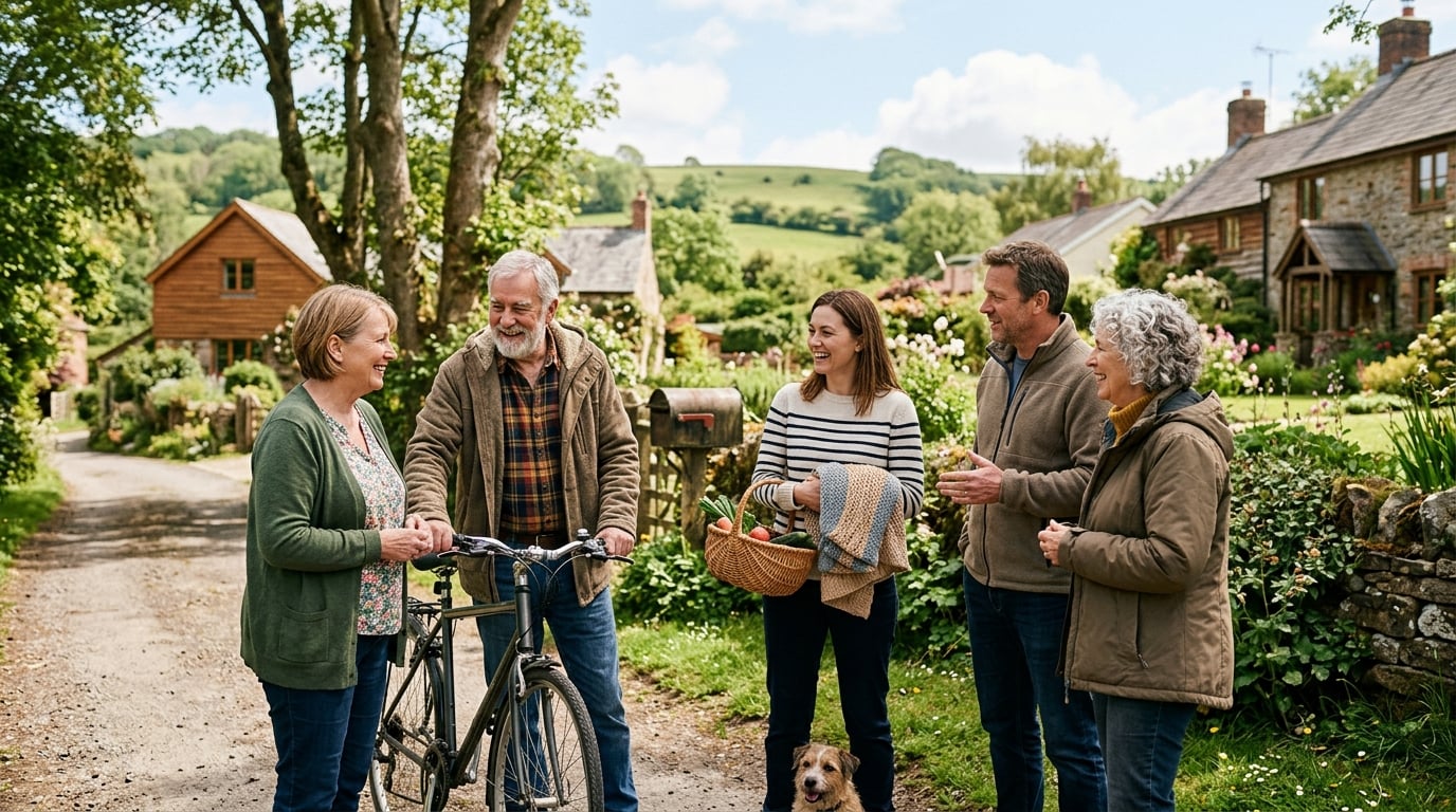 Friendly neighbors meeting outdoors in a rural community to check in on one another in warm daylight