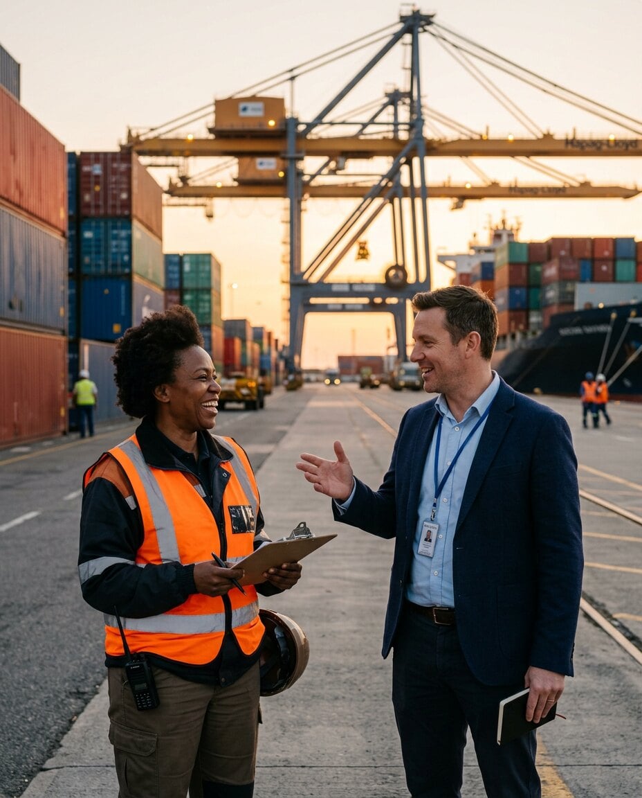 A Proteros consultant in an on-site conversation with a port operations manager during a market visit