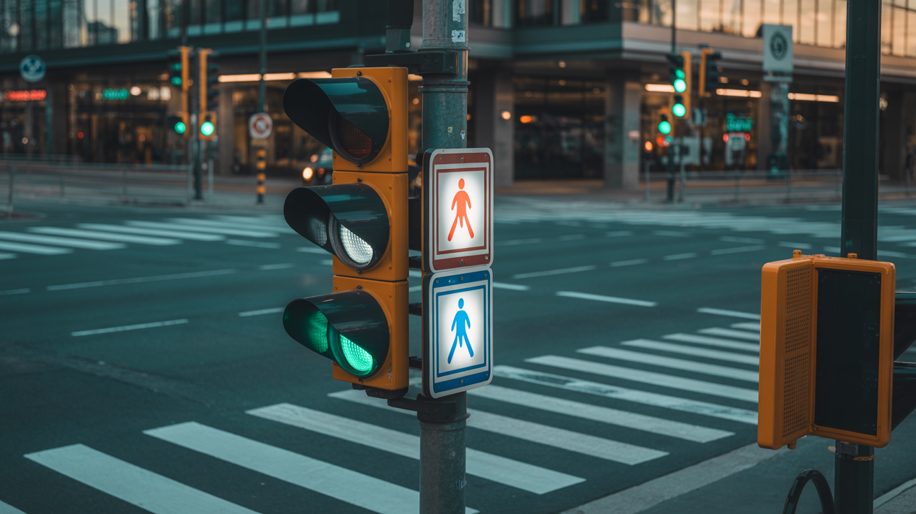 Professional city intersection at dusk with illuminated traffic lights