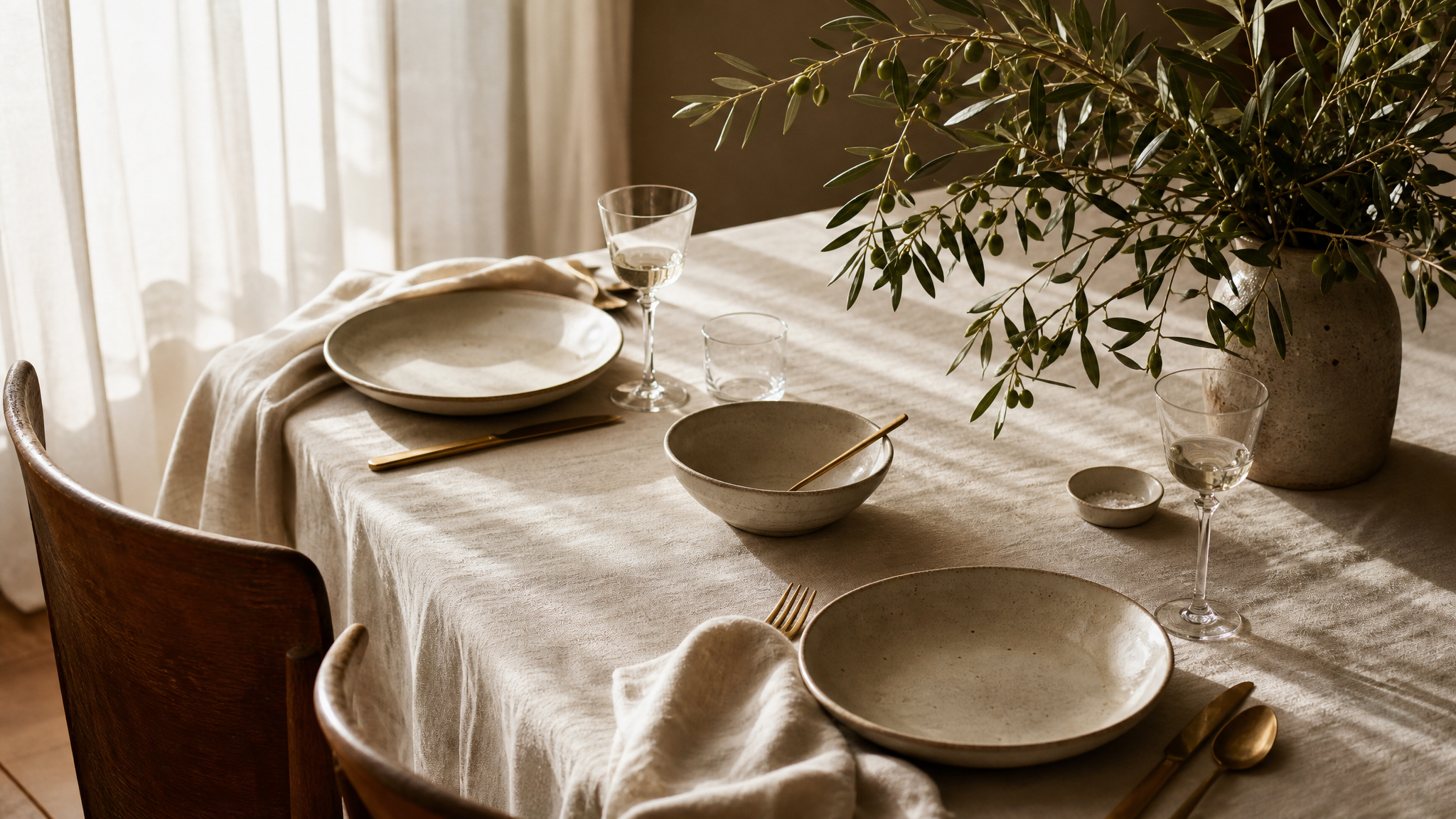 Elegantly set dining table with artisan ceramics, antique gold flatware, and warm natural light