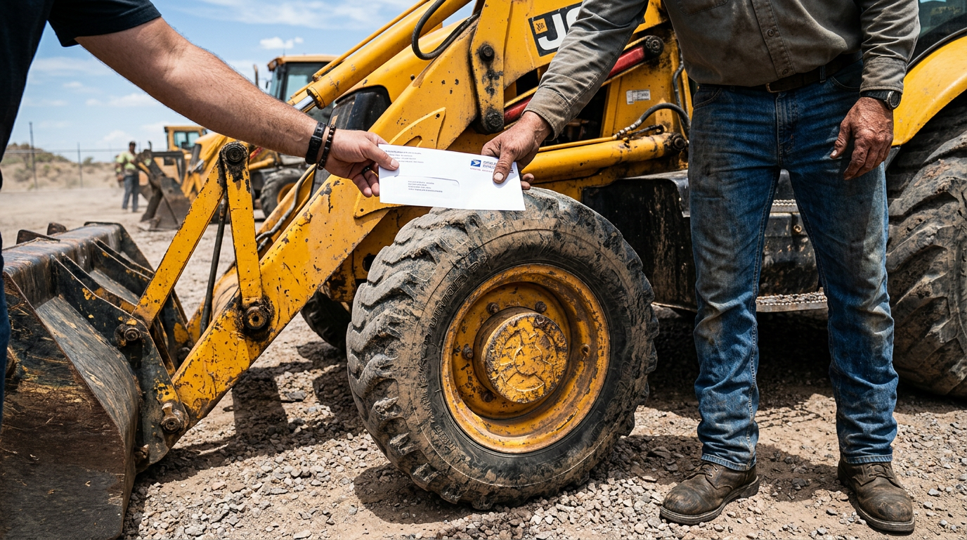 Buyer and seller exchanging payment beside a used backhoe loader