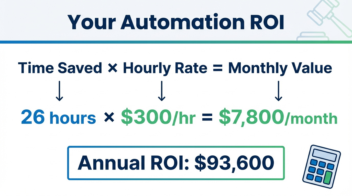 ROI calculator showing $93,600 annual return from legal practice automation
