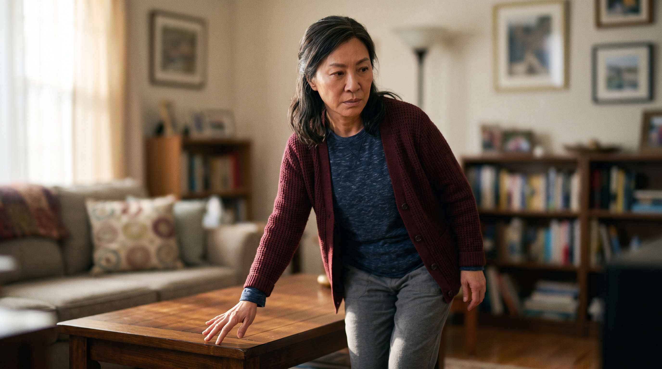 East Asian female veteran navigating cautiously around furniture at home due to peripheral vision loss