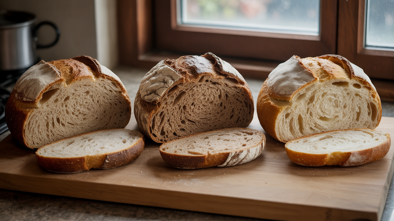 Three sourdough loaves at different hydration levels showing crumb structure