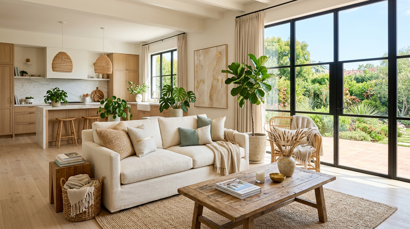 Bright, airy short-term rental living space bathed in warm natural light