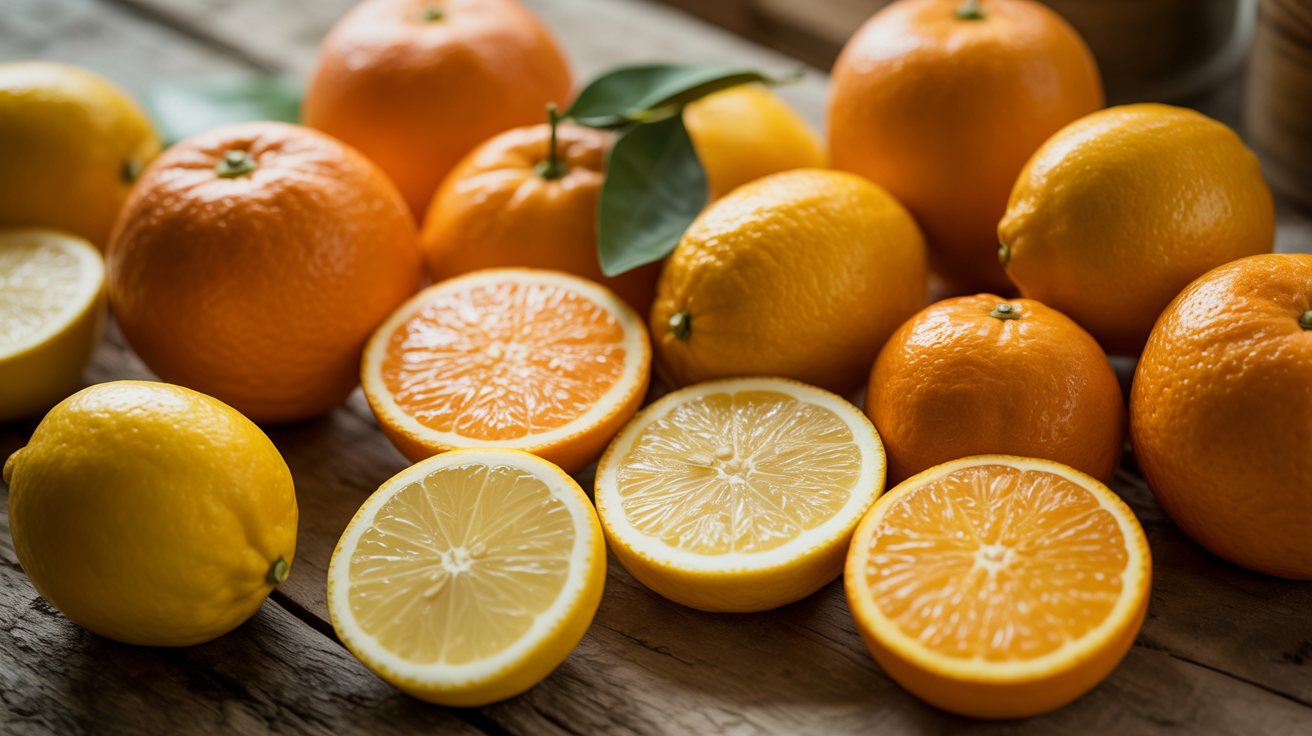 Fresh Mediterranean oranges and lemons arranged on a rustic wooden surface