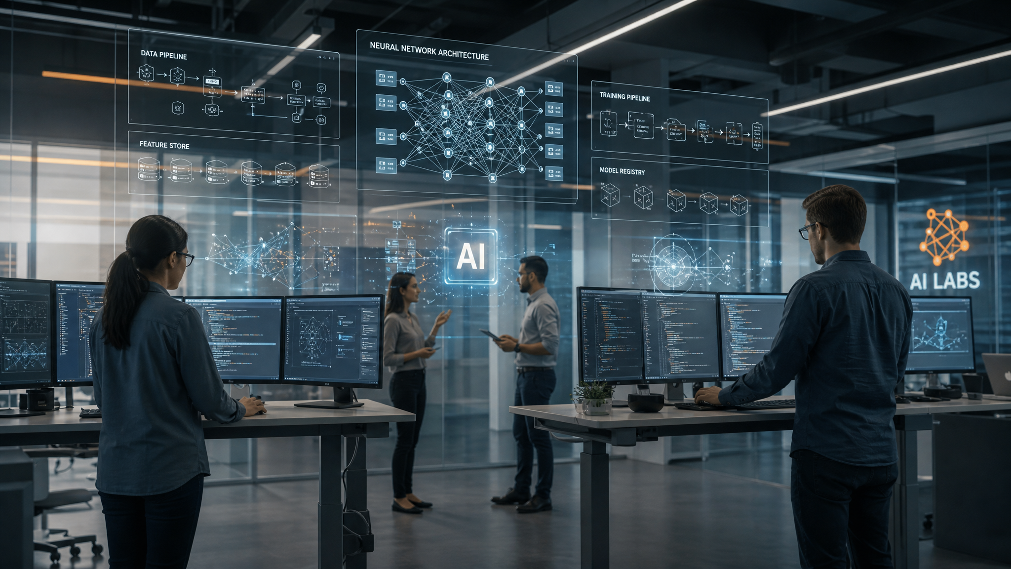 Modern AI development workspace with engineers building AI solutions