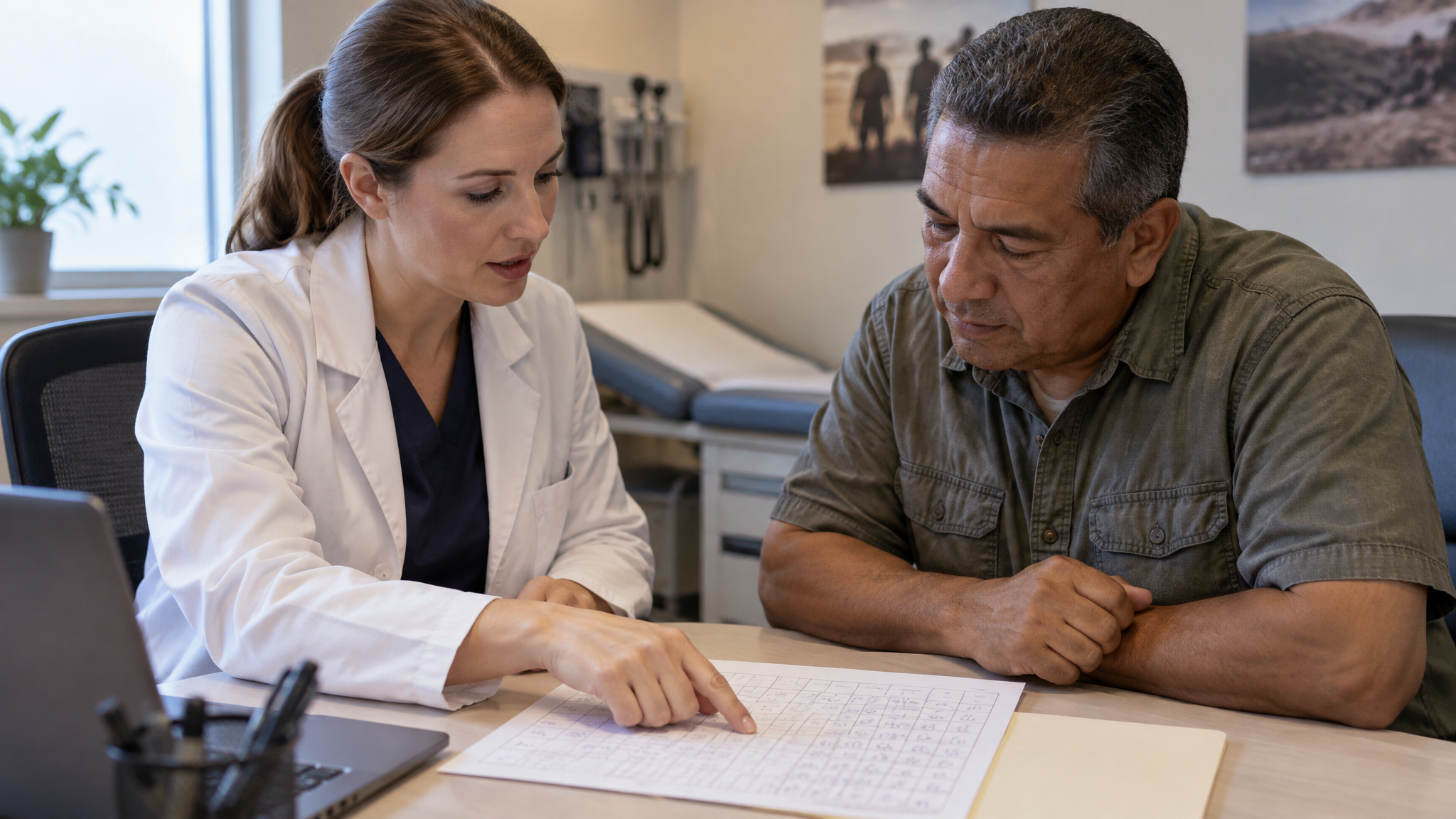 Female clinician reviewing a voiding diary with a Hispanic male veteran at a desk