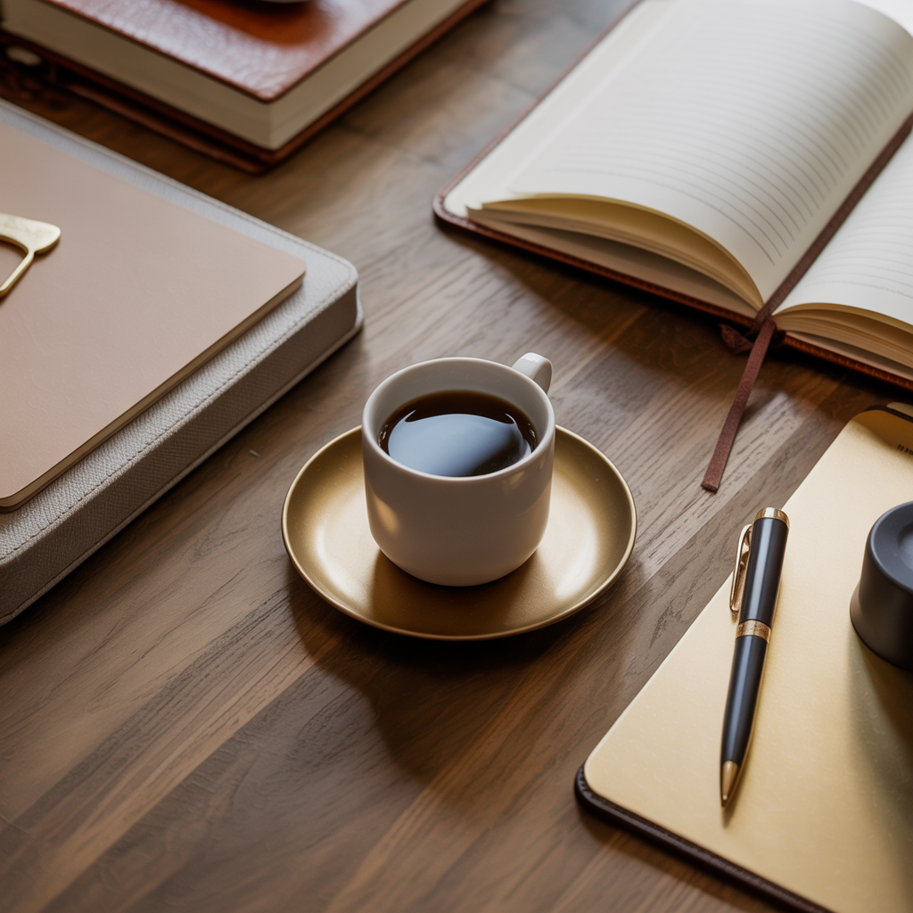 Café sur bureau en bois avec carnet et accessoires design
