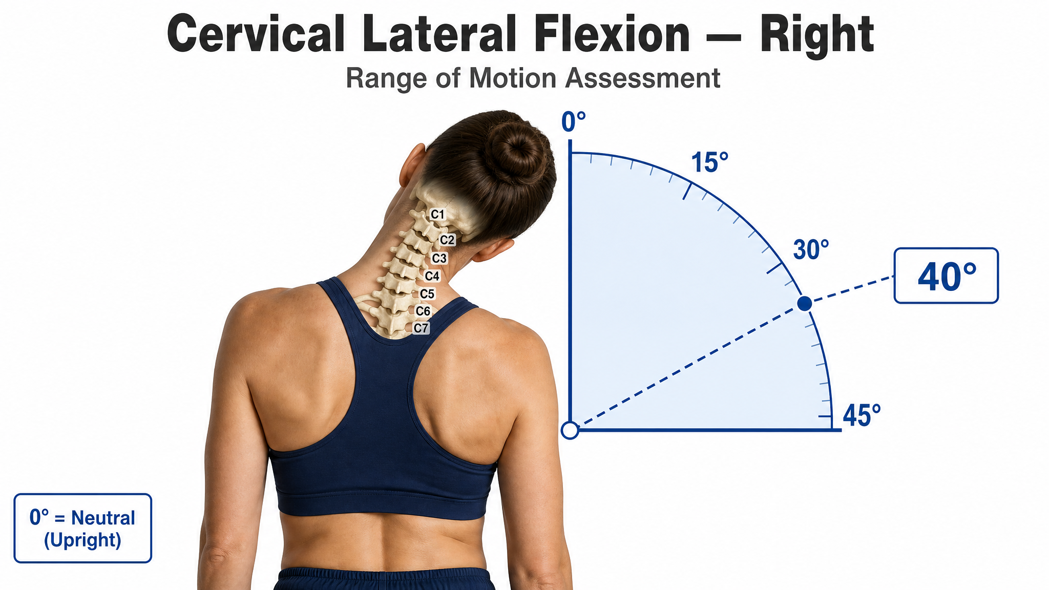 Clinical illustration of right cervical lateral flexion viewed from behind — a female figure tipping the right ear toward the right shoulder with the C1–C7 spine overlaid and a goniometer protractor arc measuring the angle