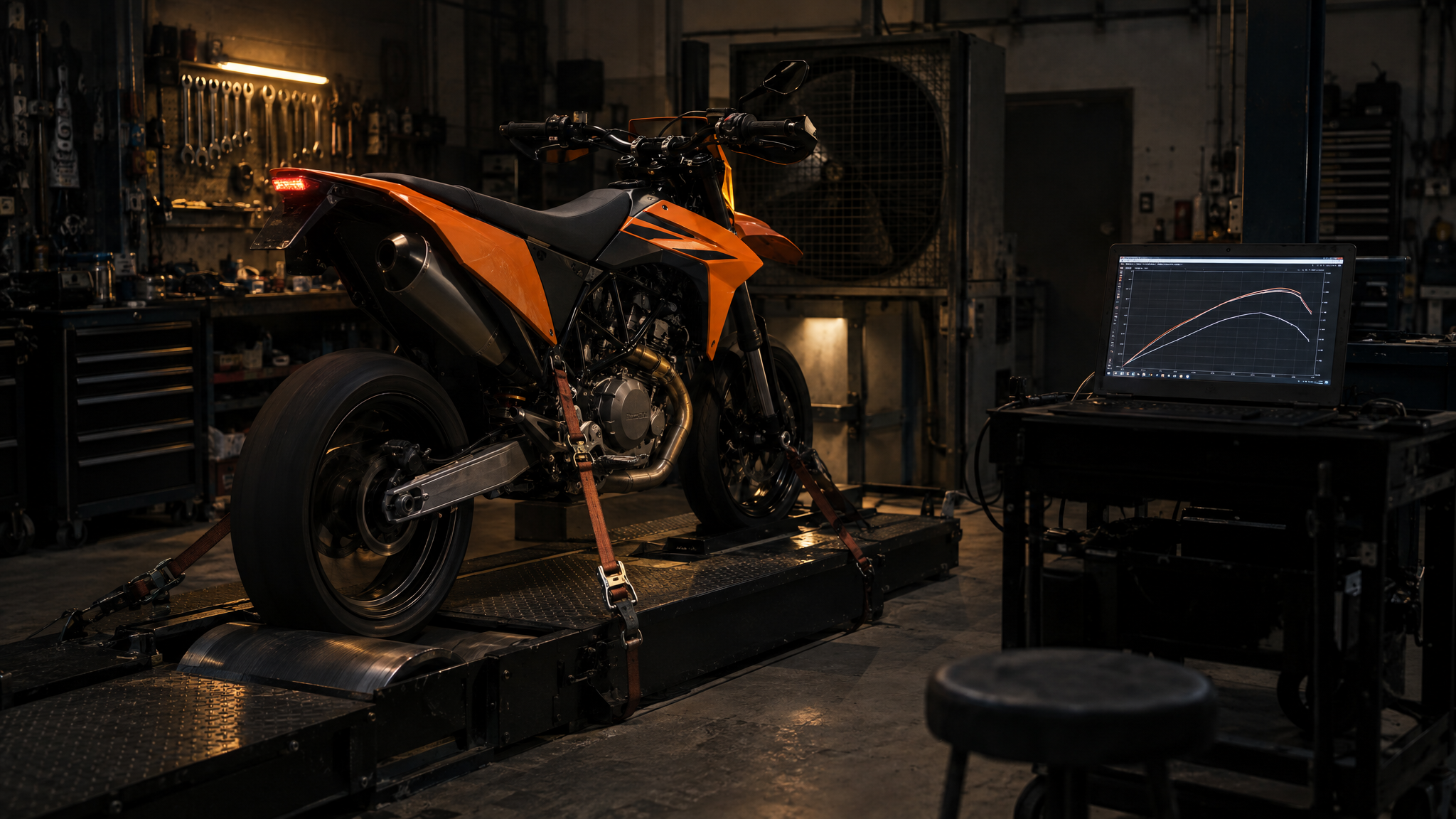KTM 690 strapped to the dyno inside the JB Performance workshop