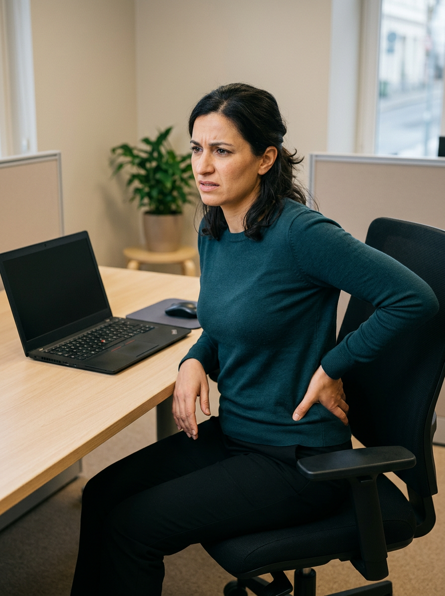Middle-Eastern female veteran in her 30s shifting uncomfortably at an office desk with one hand on her hip from prolonged sitting pain