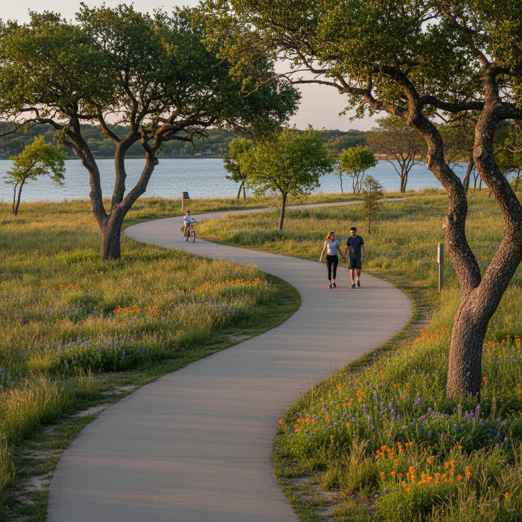 Devine Lake Park walking trail in Leander, TX near family neighborhoods