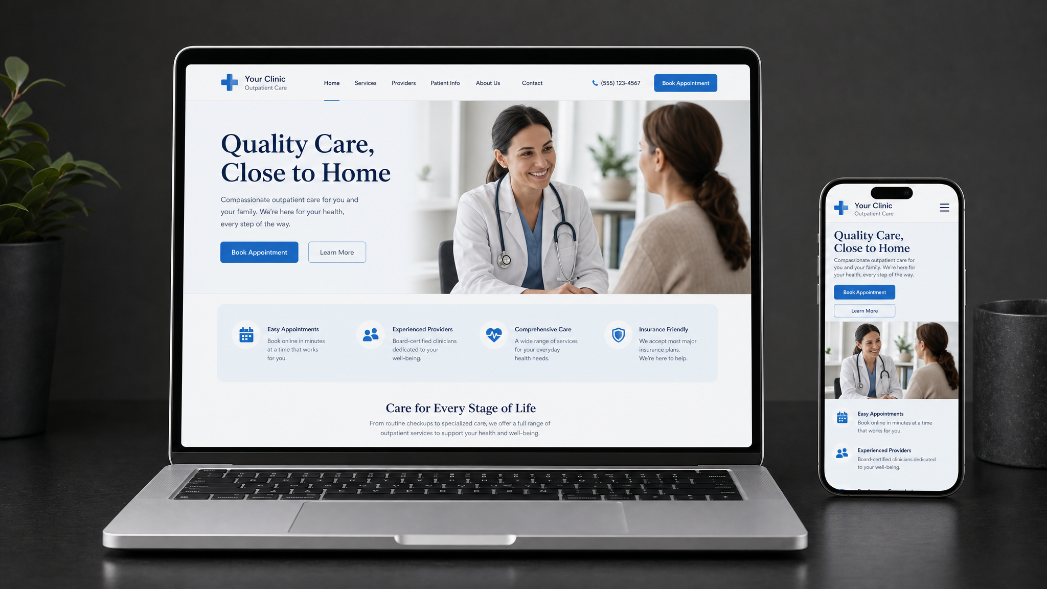 A modern clinic website shown on a laptop and a smartphone, with booking and services sections visible