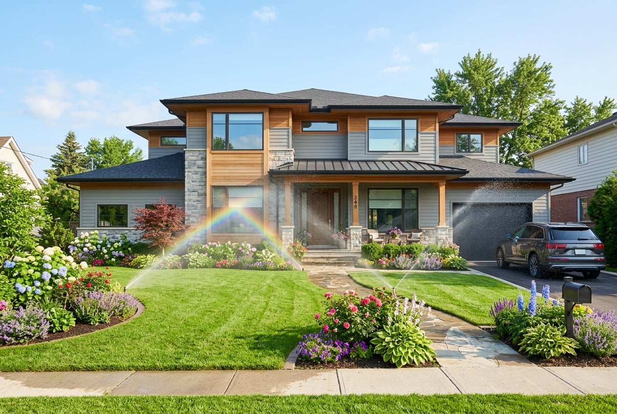 Beautiful home with lush green garden and water sprinklers representing homeownership