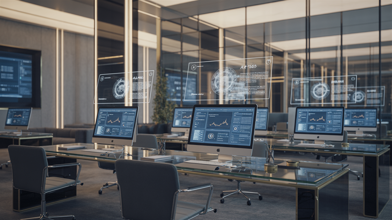 Oficina legal futurista con tecnología Mac Silicon e inteligencia artificial