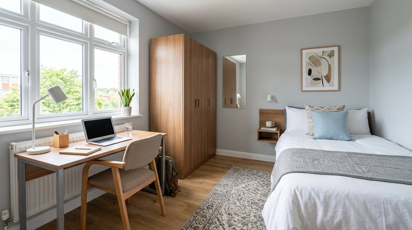Modern furnished student bedroom at DMU Living Leicester