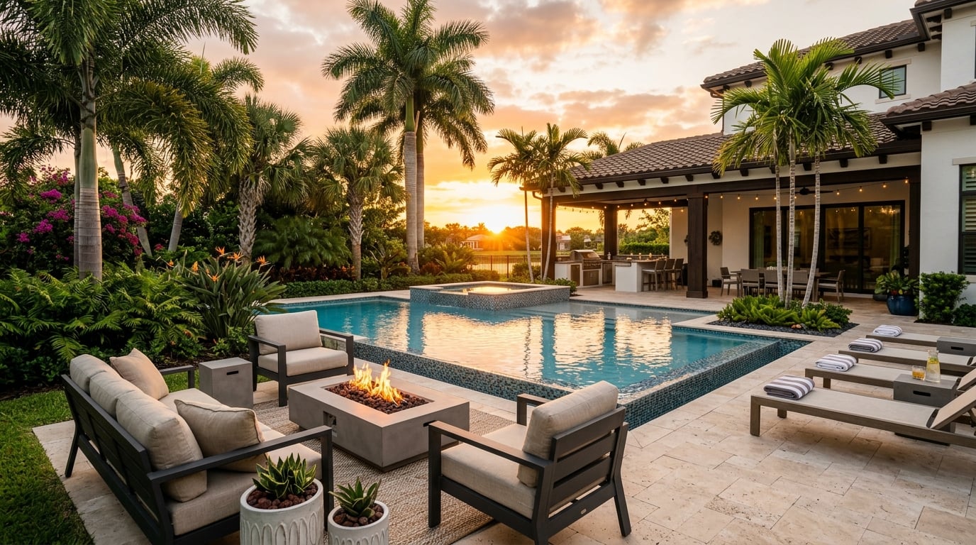 Elegant backyard pool at golden hour