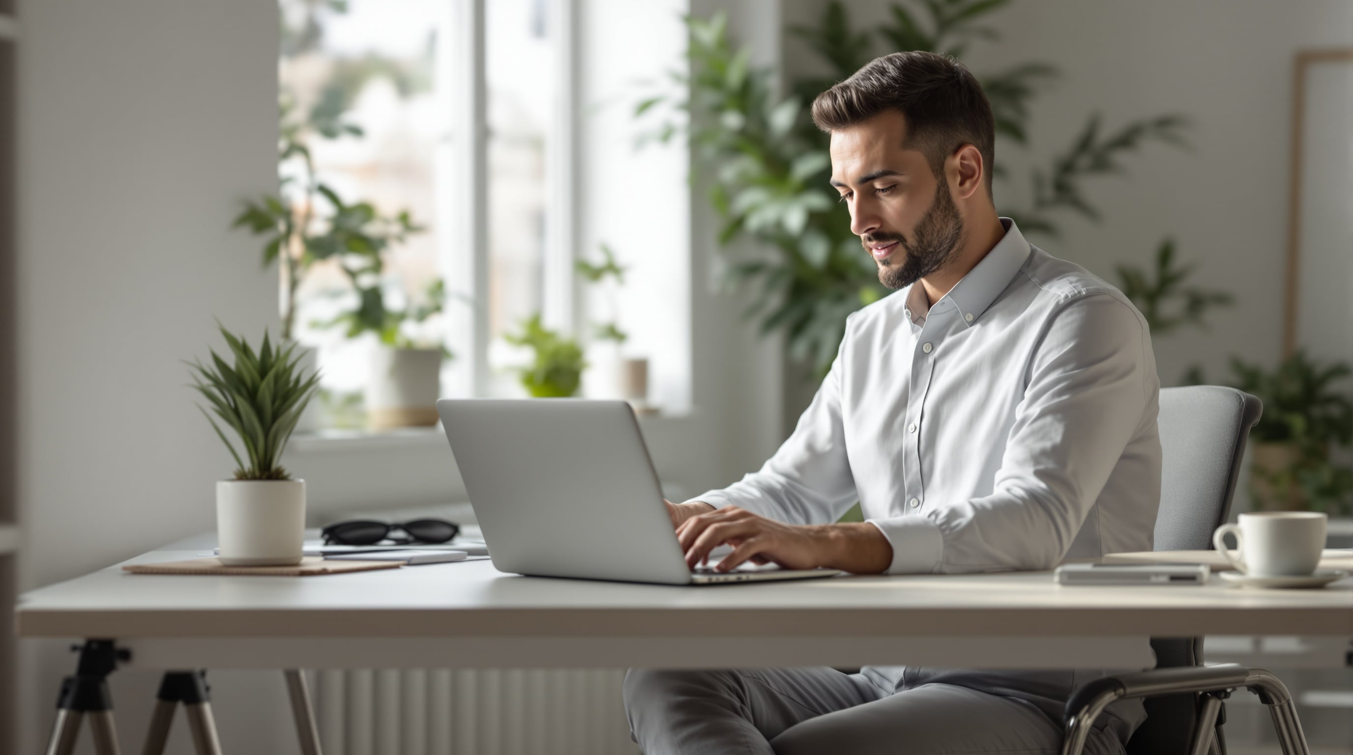 Man working on a laptop in a calm home office, representing focus, productivity, and personal transformation through conscious technology use