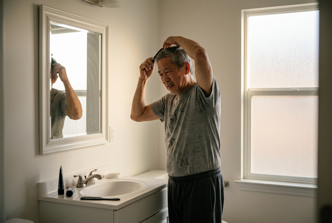 An older Asian male veteran in his bathroom struggling to comb the back of his hair, wincing from limited shoulder range of motion