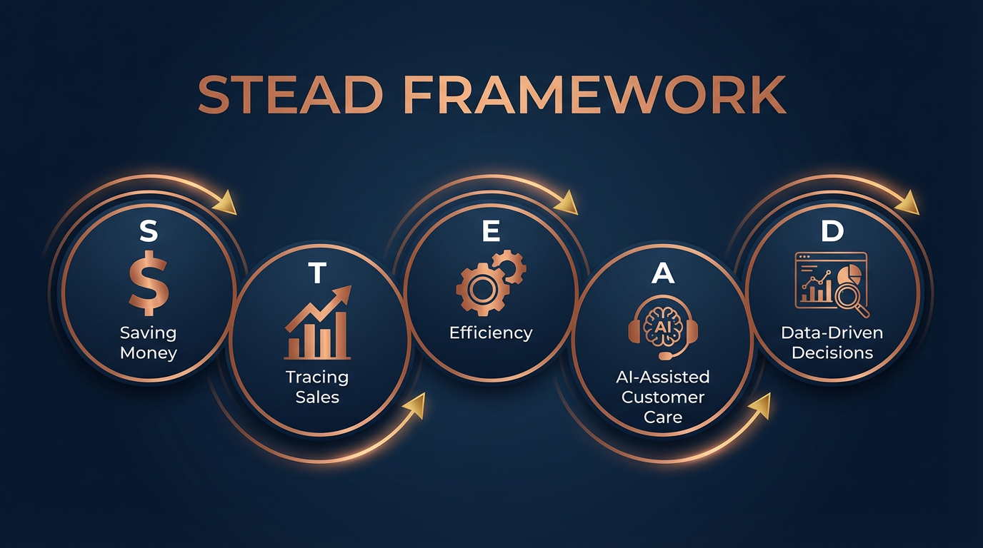 STEAD Framework - 5 ROI Levers: Saving Money, Tracing Sales, Efficiency, AI-Assisted Care, Data-Driven Decisions