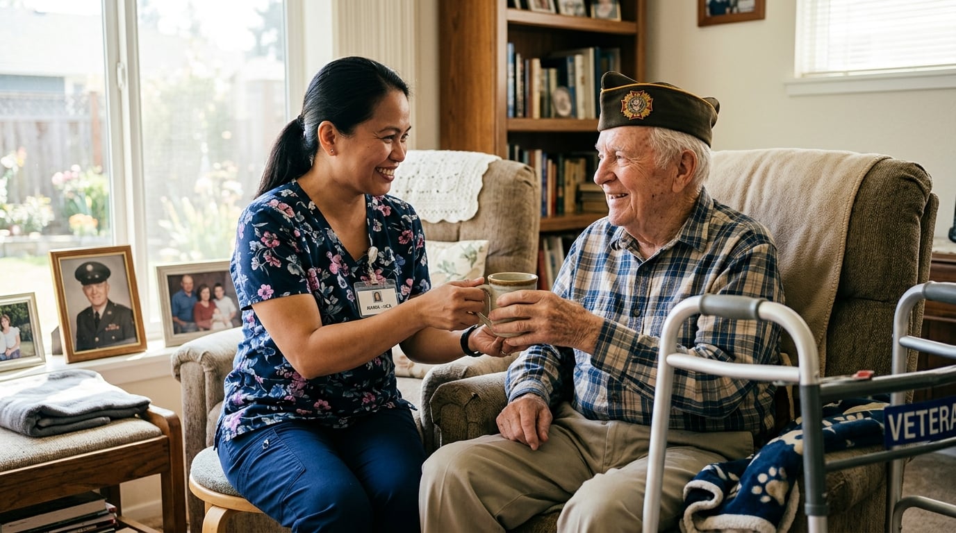 A Filipina home-care aide warmly bringing tea to an elderly White man veteran in a bright living room
