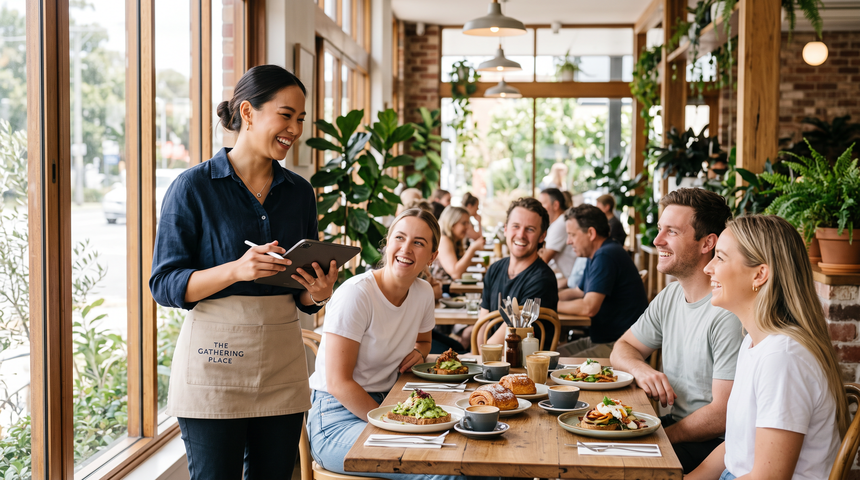 A Thai-background woman chatting warmly with customers at a bright modern Australian restaurant