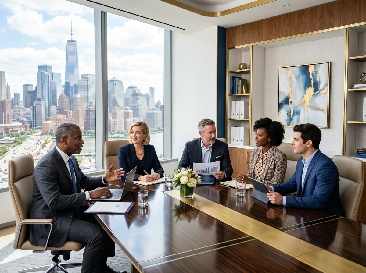 Diverse team of business professionals strategizing in a modern boardroom