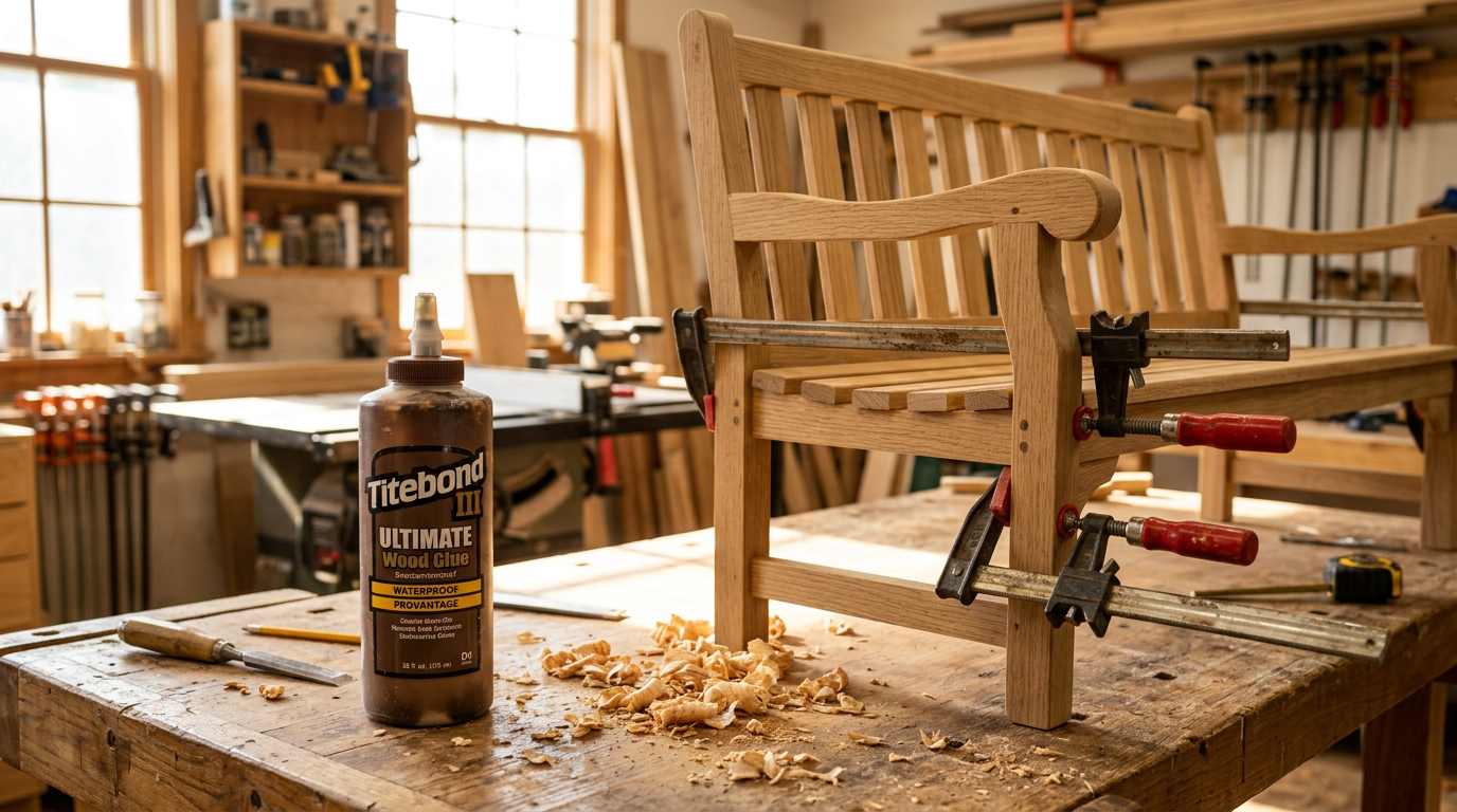 Titebond III Ultimate pegamento para madera en taller de carpintería con mueble de jardín