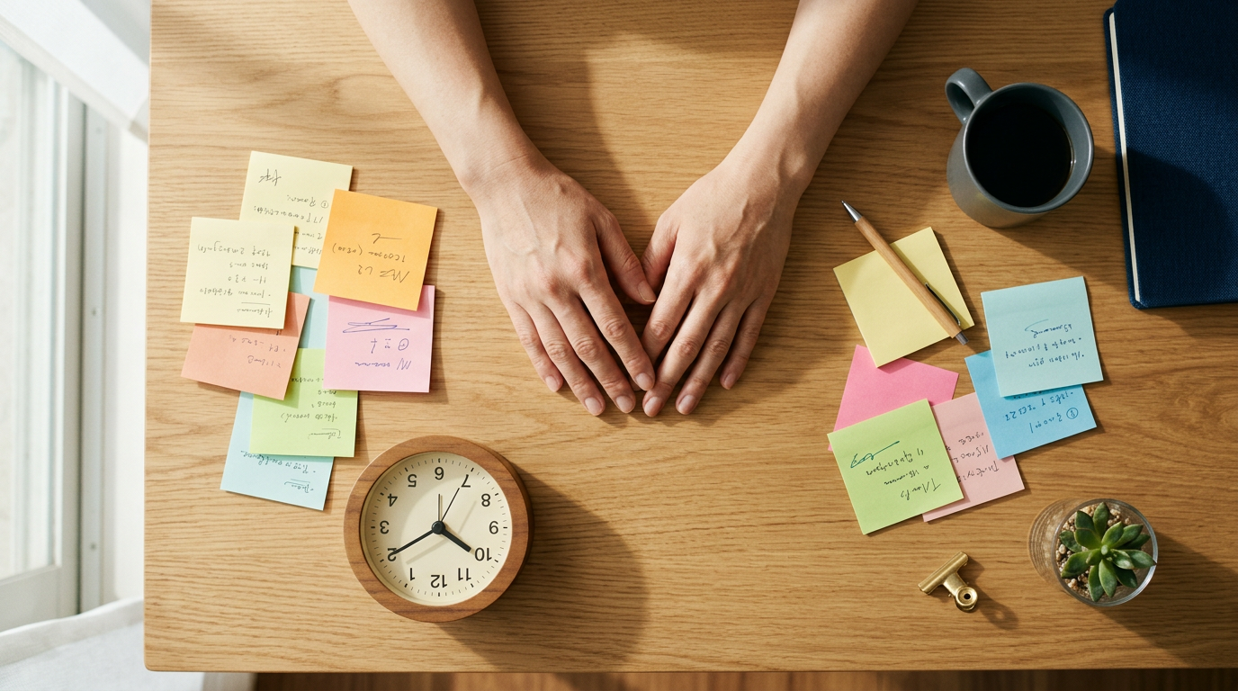 Mãos sobre mesa com post-its e relógio, ambiente de trabalho organizado