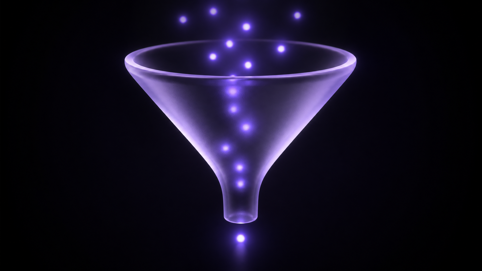 A translucent frosted-glass funnel turning many small violet dots into one bright booking, in the dark
