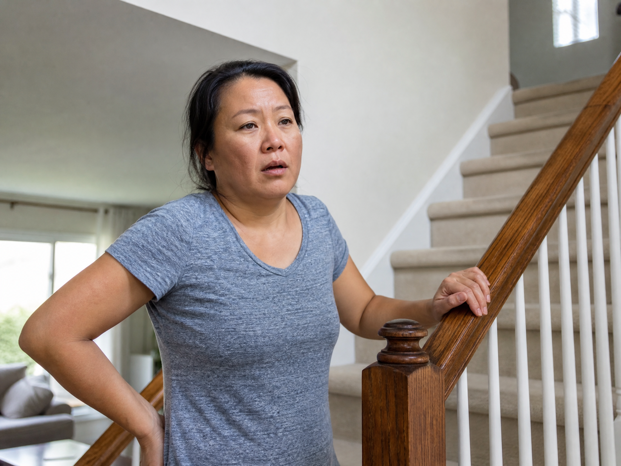 Asian female veteran in her 40s at the bottom of a staircase gripping the railing and catching her breath after climbing